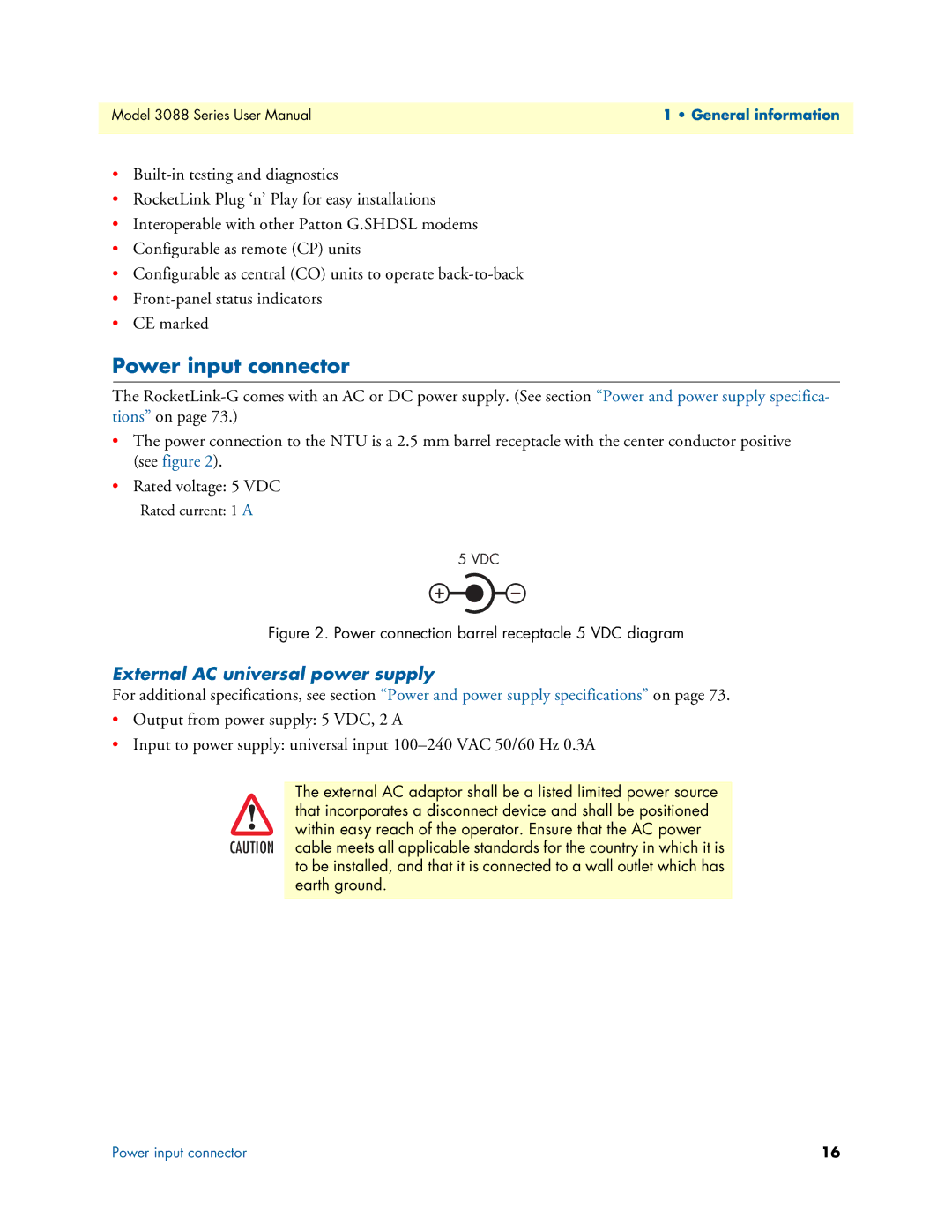 Patton electronic 3088 Series user manual Power input connector, External AC universal power supply 