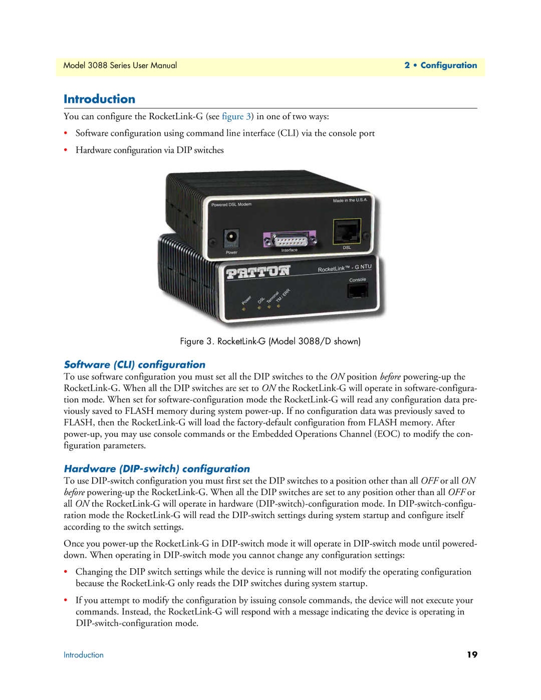 Patton electronic 3088 Series user manual Introduction, Software CLI configuration, Hardware DIP-switch configuration 