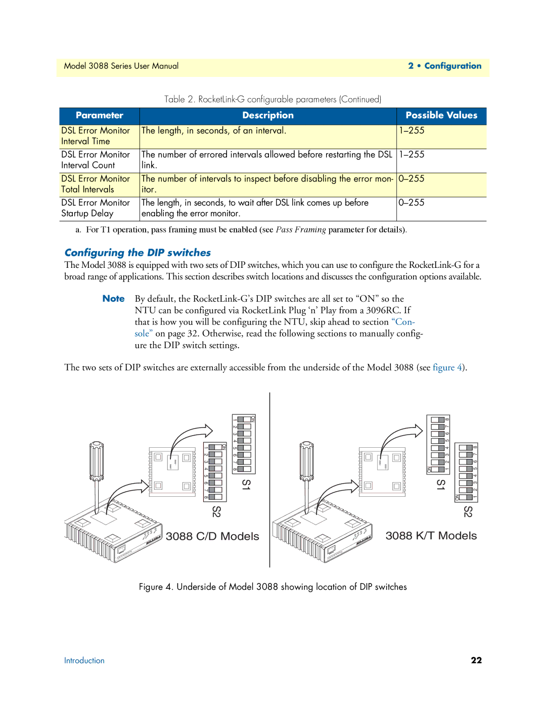 Patton electronic 3088 Series user manual 3088 K/T Models, Configuring the DIP switches 