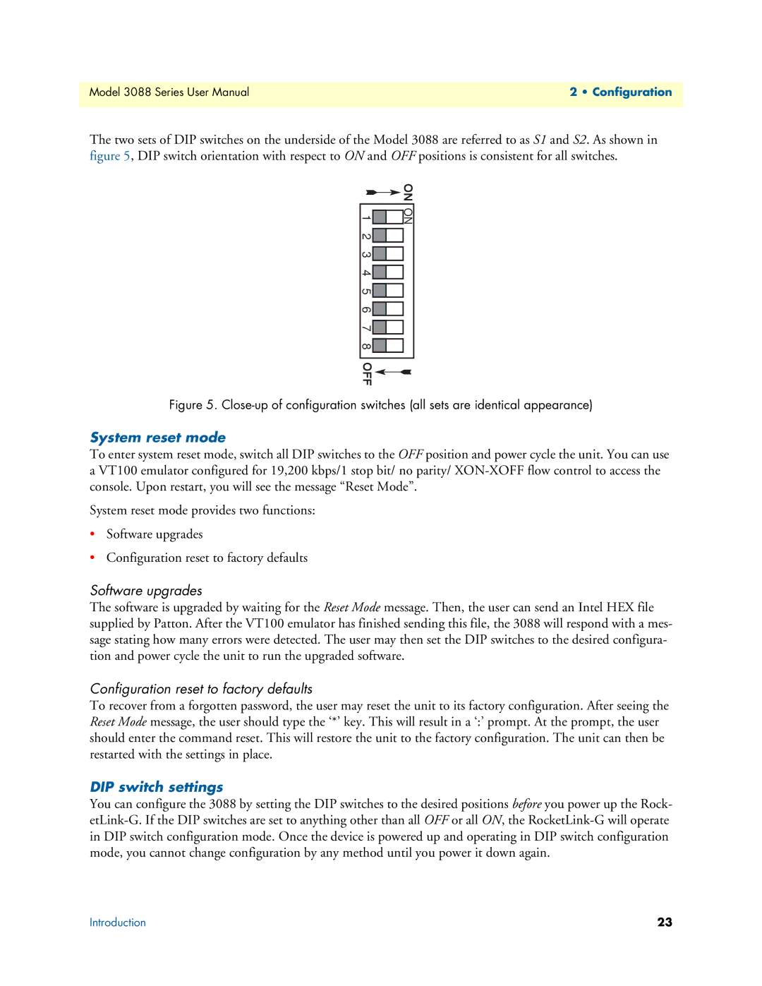 Patton electronic 3088 Series user manual System reset mode, Software upgrades, Configuration reset to factory defaults 