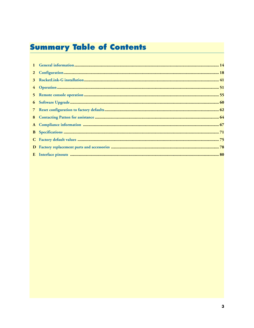 Patton electronic 3088 Series user manual Summary Table of Contents 