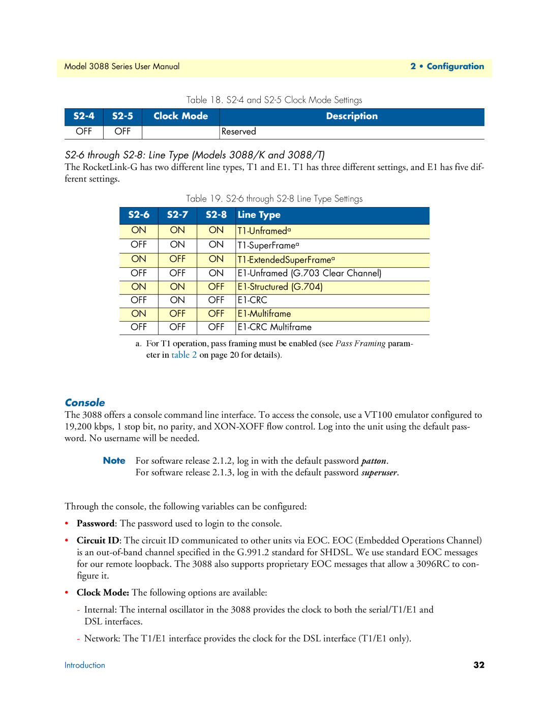 Patton electronic 3088 Series user manual S2-6 through S2-8 Line Type Models 3088/K and 3088/T, Console, Reserved 