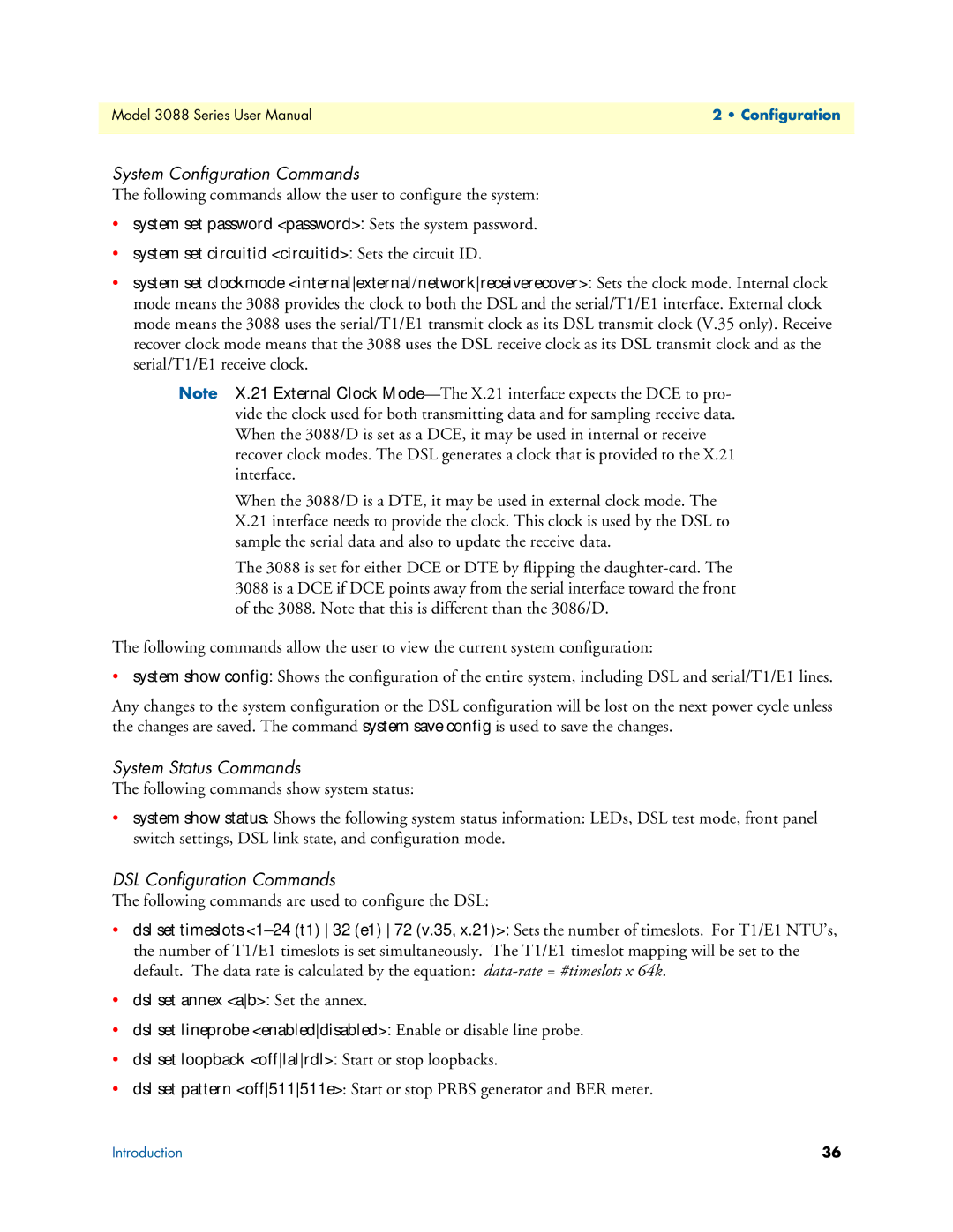 Patton electronic 3088 Series user manual System Configuration Commands, System Status Commands, DSL Configuration Commands 