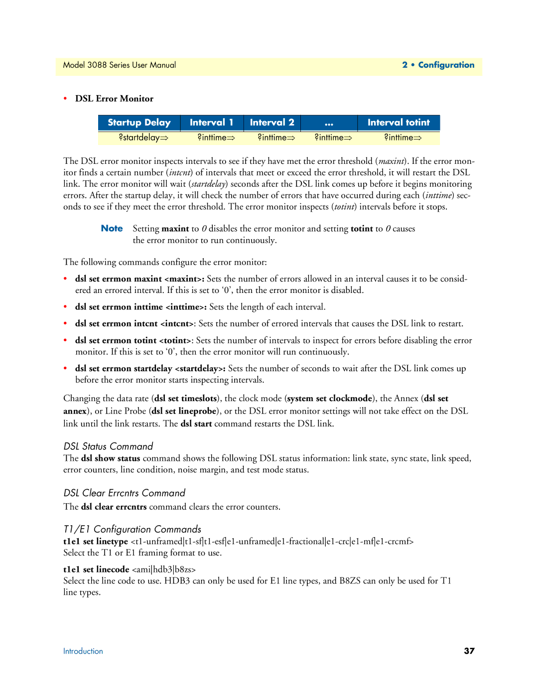 Patton electronic 3088 Series user manual DSL Status Command, DSL Clear Errcntrs Command, T1/E1 Configuration Commands 