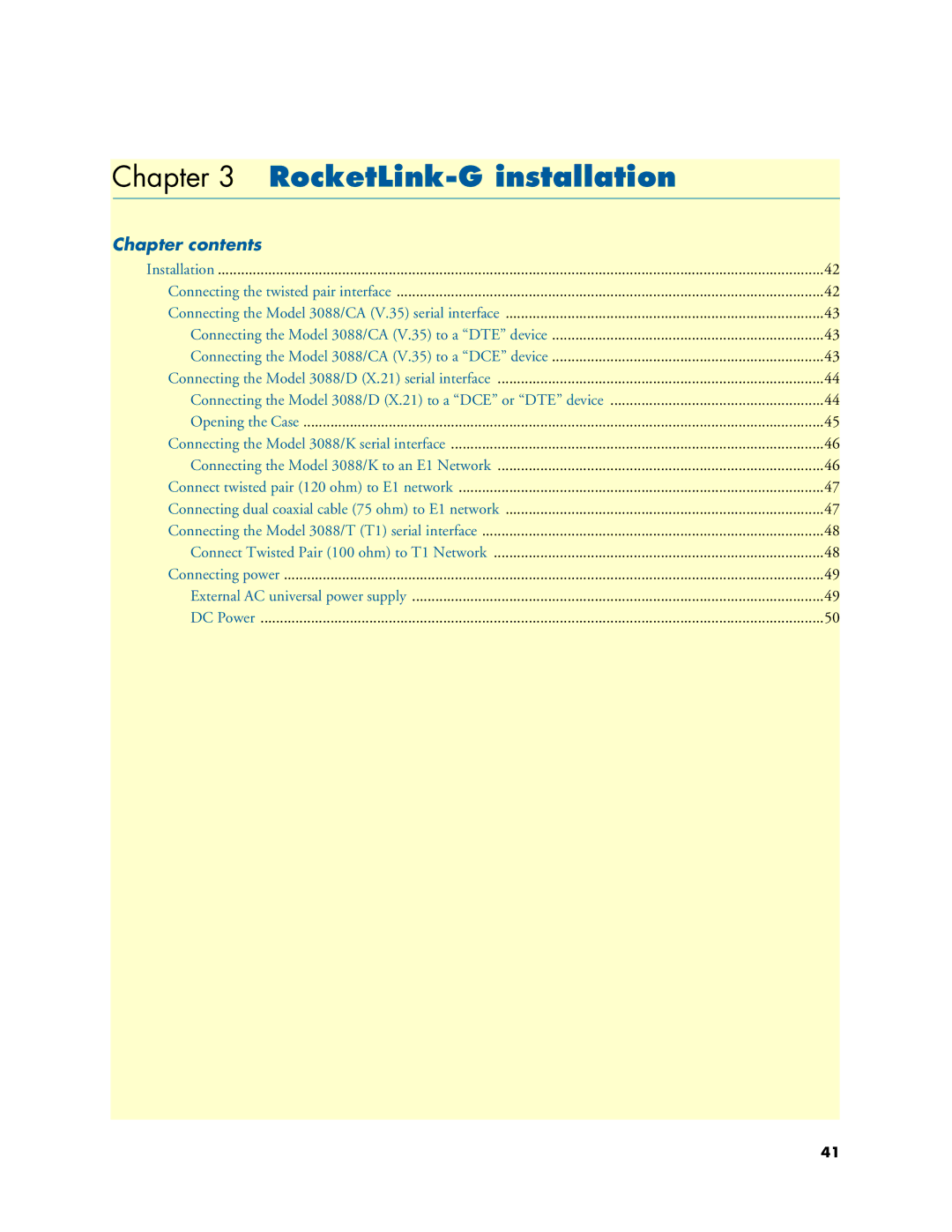 Patton electronic 3088 Series user manual RocketLink-G installation, Chapter contents 