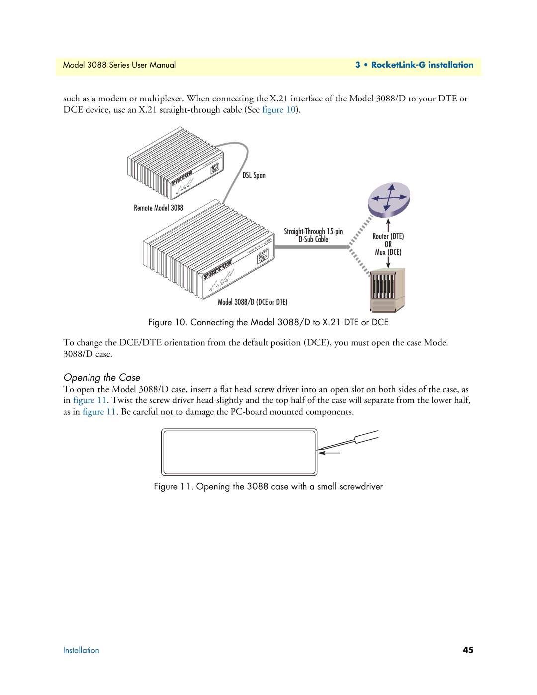 Patton electronic 3088 Series user manual Opening the Case, Connecting the Model 3088/D to X.21 DTE or DCE 