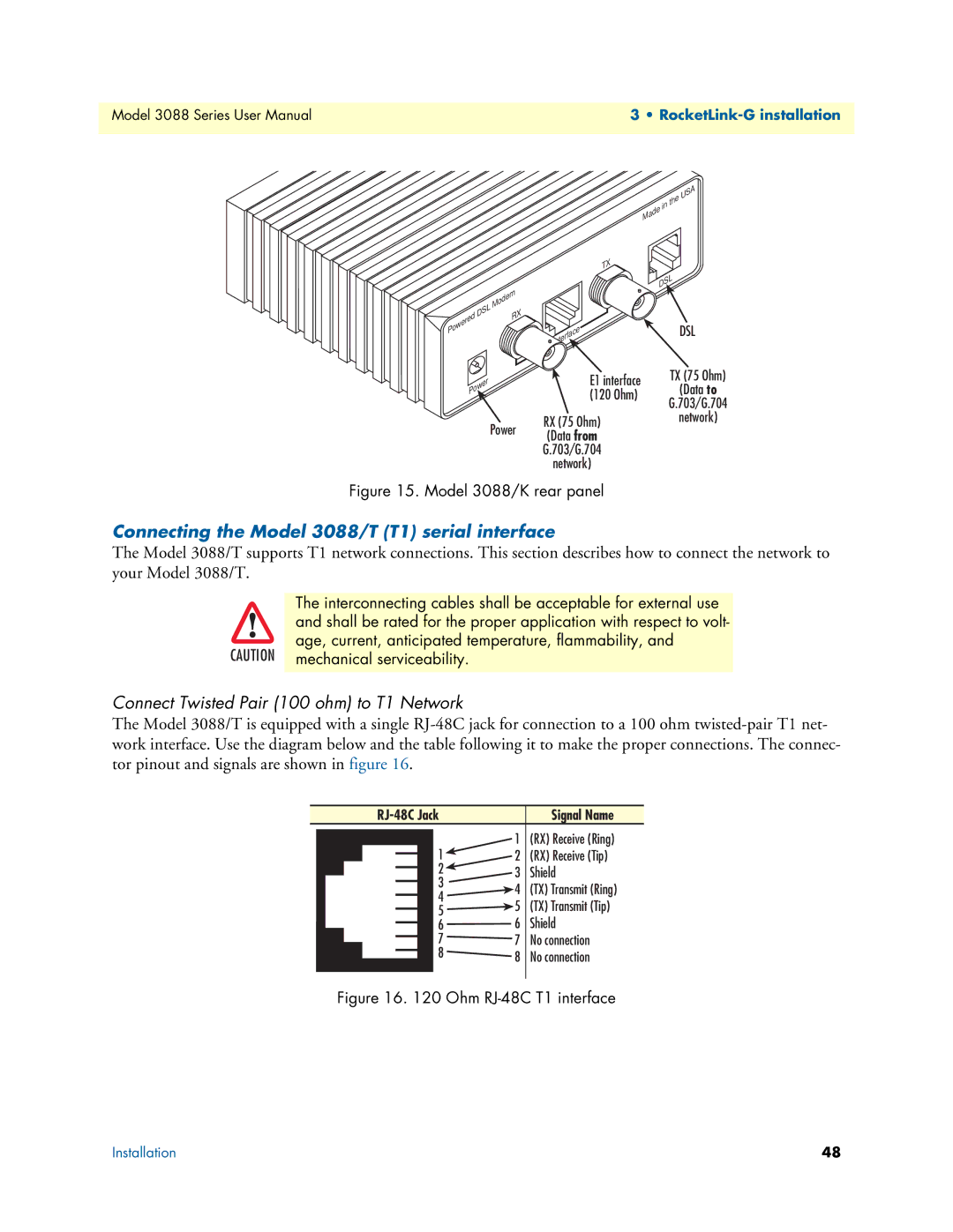 Patton electronic 3088 Series Connecting the Model 3088/T T1 serial interface, Connect Twisted Pair 100 ohm to T1 Network 