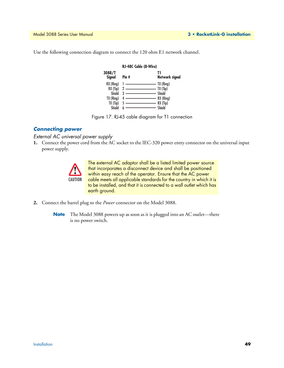 Patton electronic 3088 Series user manual Connecting power, External AC universal power supply 