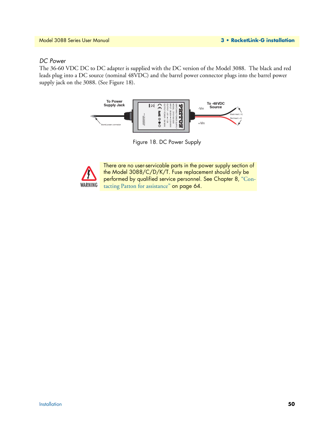 Patton electronic 3088 Series user manual DC Power, To Power Supply Jack 