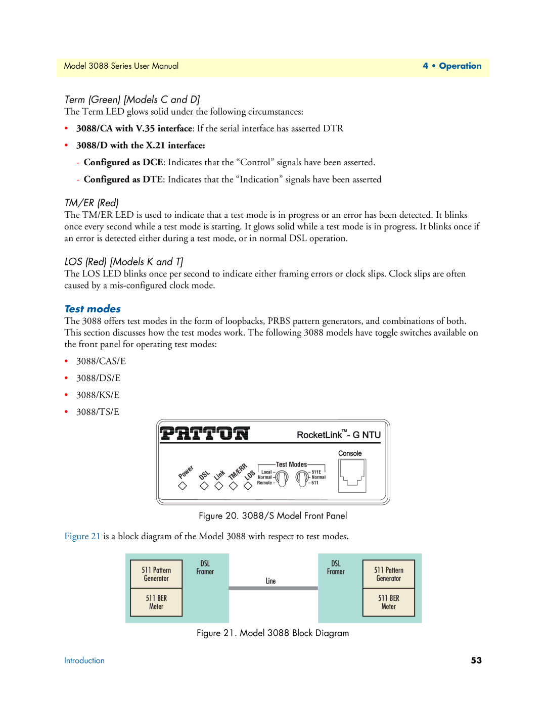 Patton electronic 3088 Series user manual Term Green Models C and D, TM/ER Red, LOS Red Models K and T, Test modes 