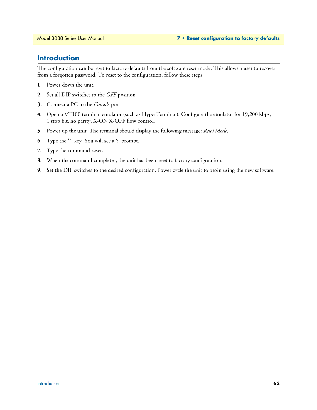 Patton electronic 3088 Series user manual Reset configuration to factory defaults 