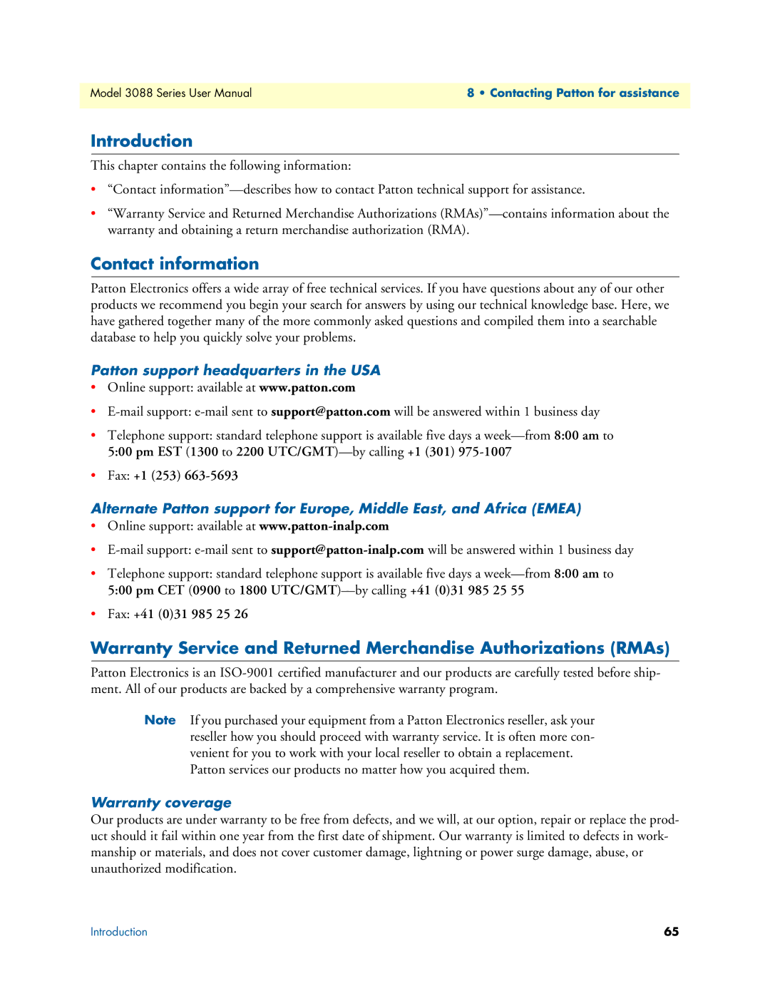 Patton electronic 3088 Series user manual Contact information, Patton support headquarters in the USA, Warranty coverage 