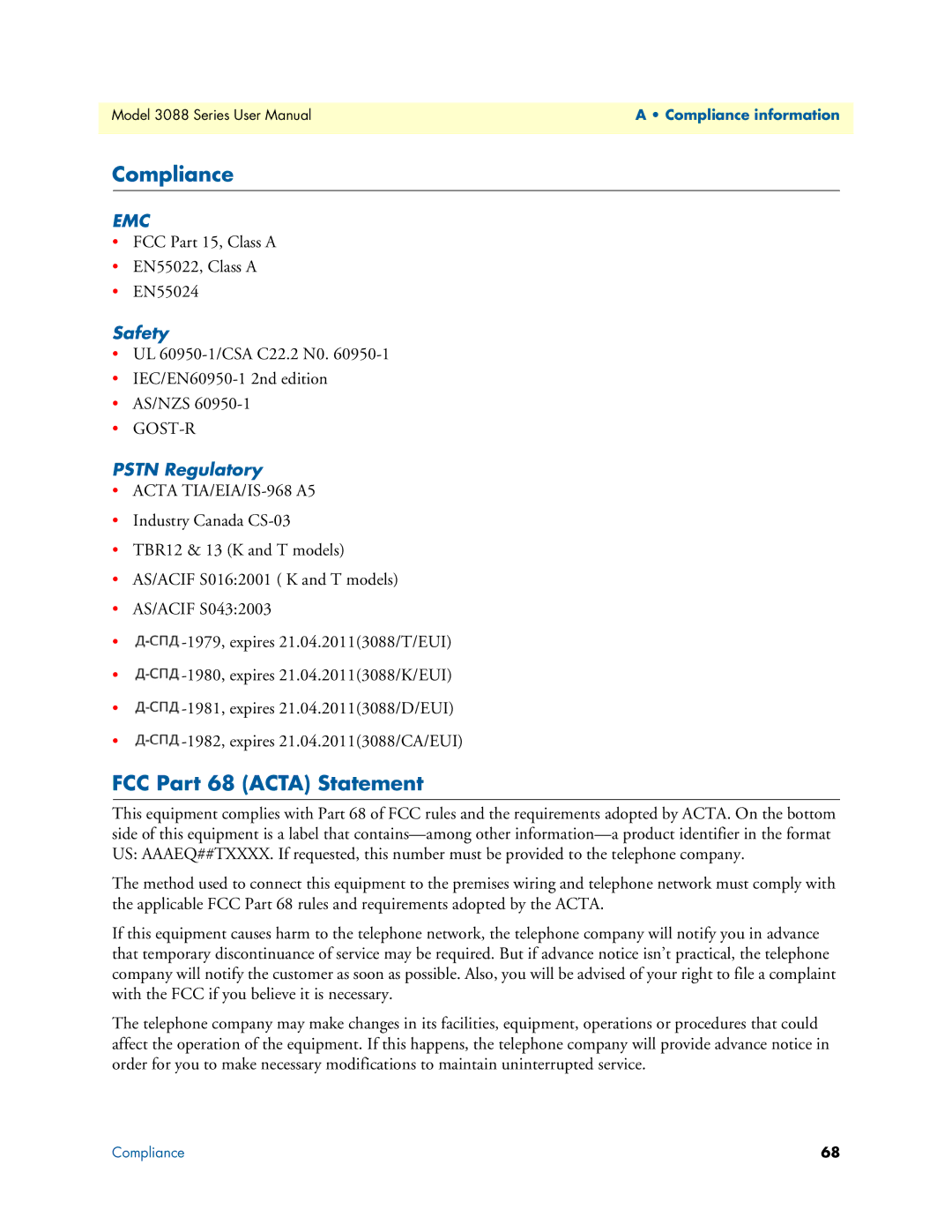 Patton electronic 3088 Series user manual Compliance, FCC Part 68 Acta Statement, Safety, Pstn Regulatory 