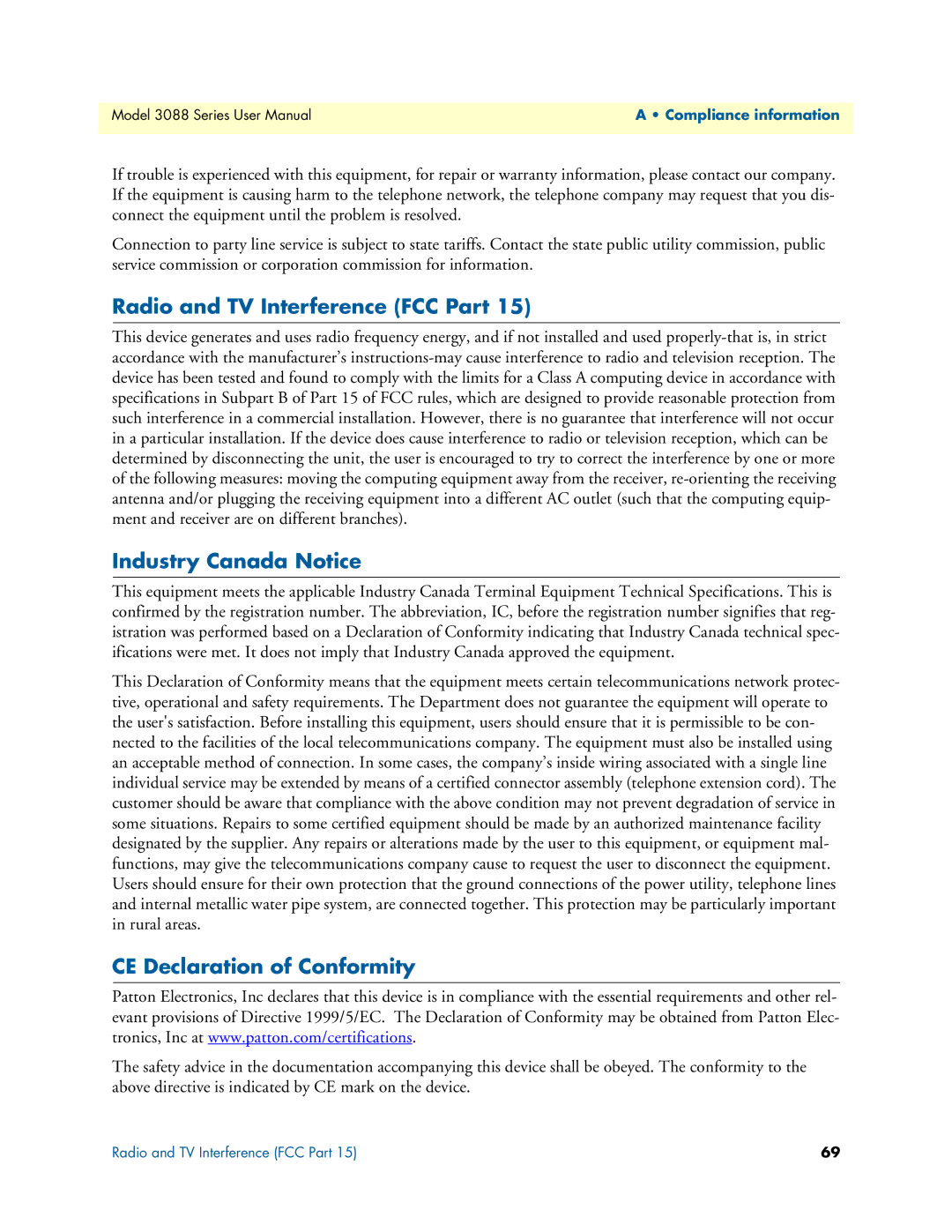 Patton electronic 3088 Series Radio and TV Interference FCC Part, Industry Canada Notice, CE Declaration of Conformity 