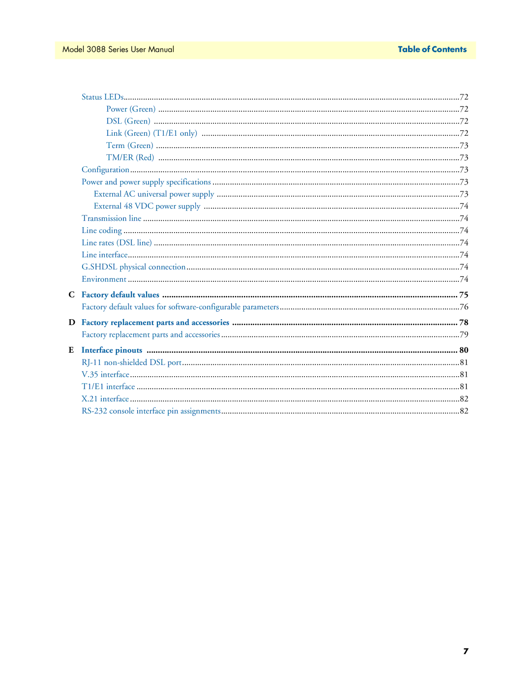 Patton electronic 3088 Series user manual Factory default values 