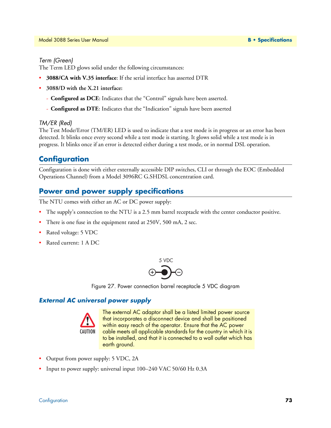 Patton electronic 3088 Series user manual Configuration, Power and power supply specifications, Term Green 