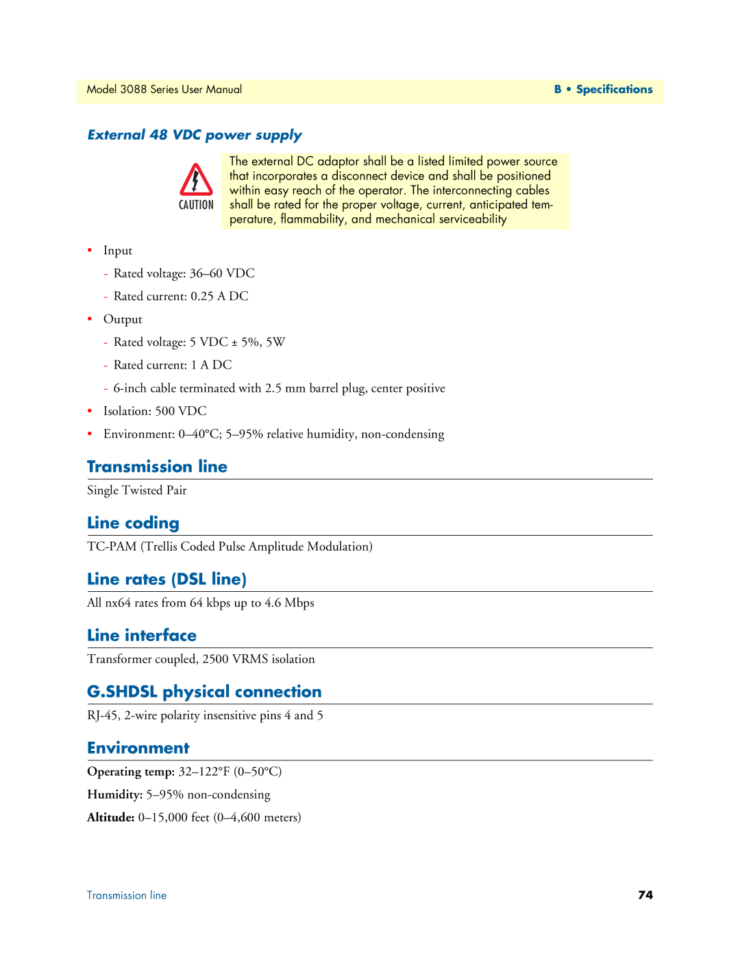 Patton electronic 3088 Series user manual Transmission line, Line coding, Line rates DSL line, Line interface, Environment 