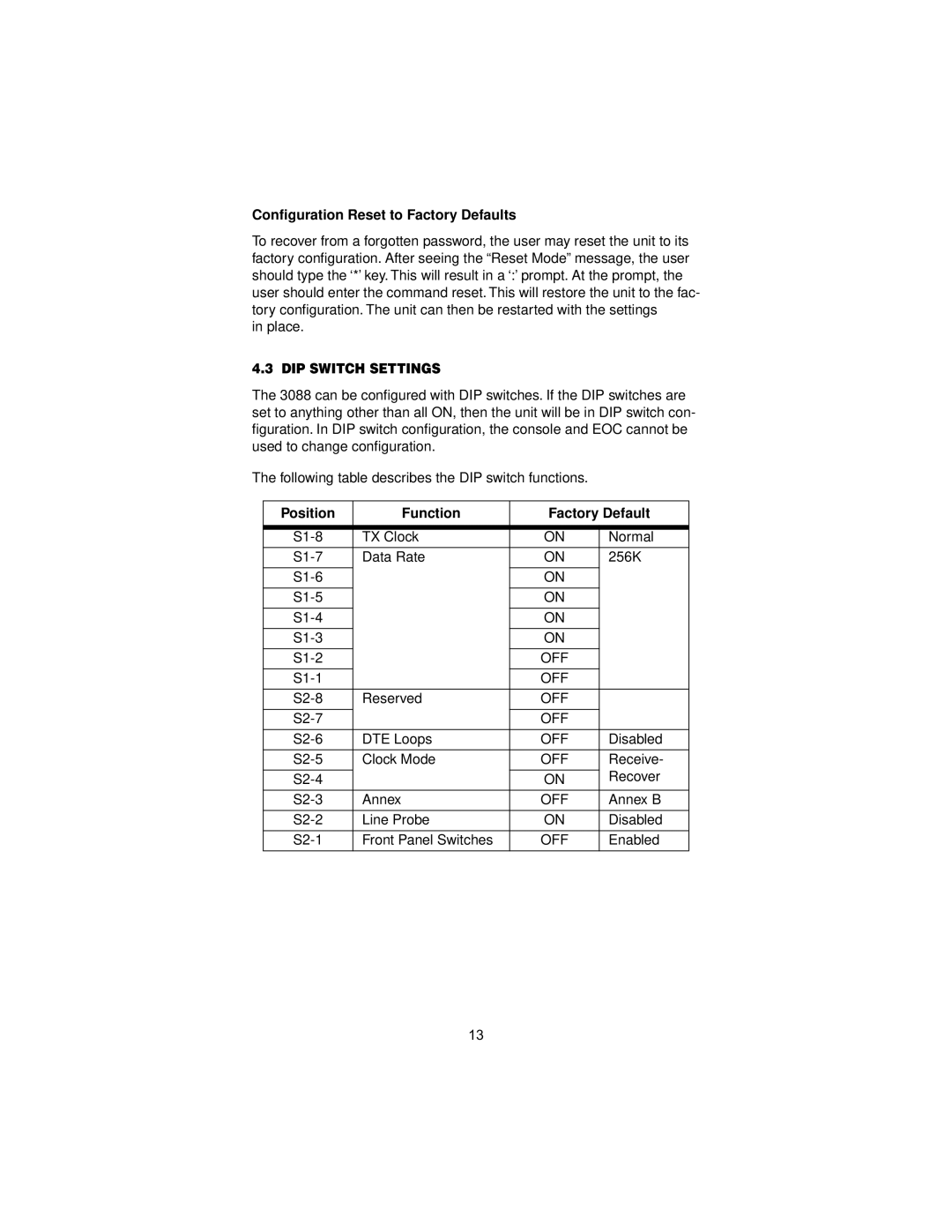 Patton electronic 3088 Conﬁguration Reset to Factory Defaults, DIP Switch Settings, Position Function Factory Default 