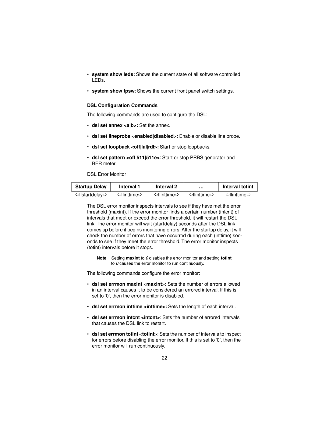 Patton electronic 3088 user manual DSL Conﬁguration Commands, Startup Delay Interval Interval totint 