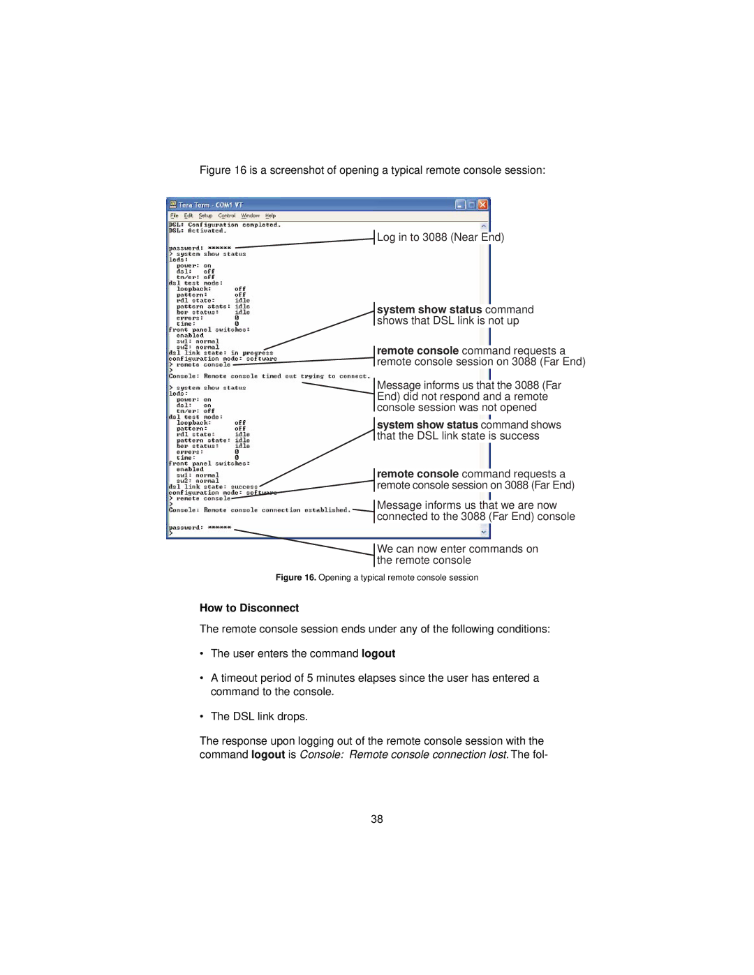 Patton electronic 3088 user manual System show status command shows that DSL link is not up, How to Disconnect 