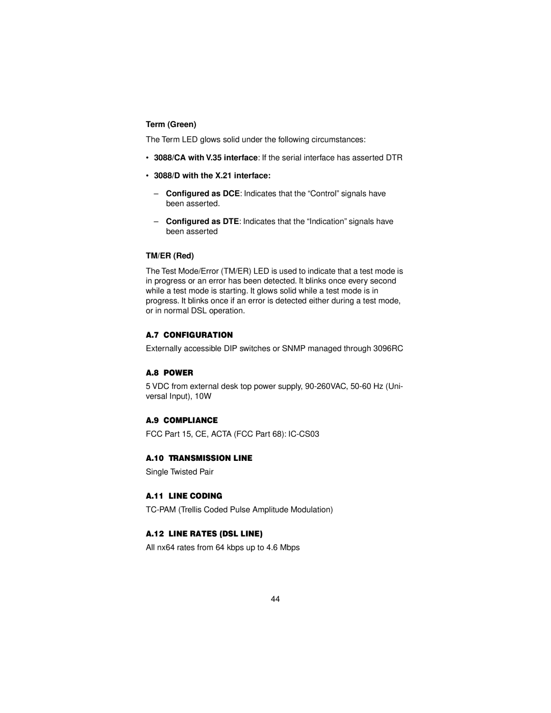 Patton electronic 3088 user manual Power, Compliance, Transmission Line, Line Coding, Line Rates DSL Line 