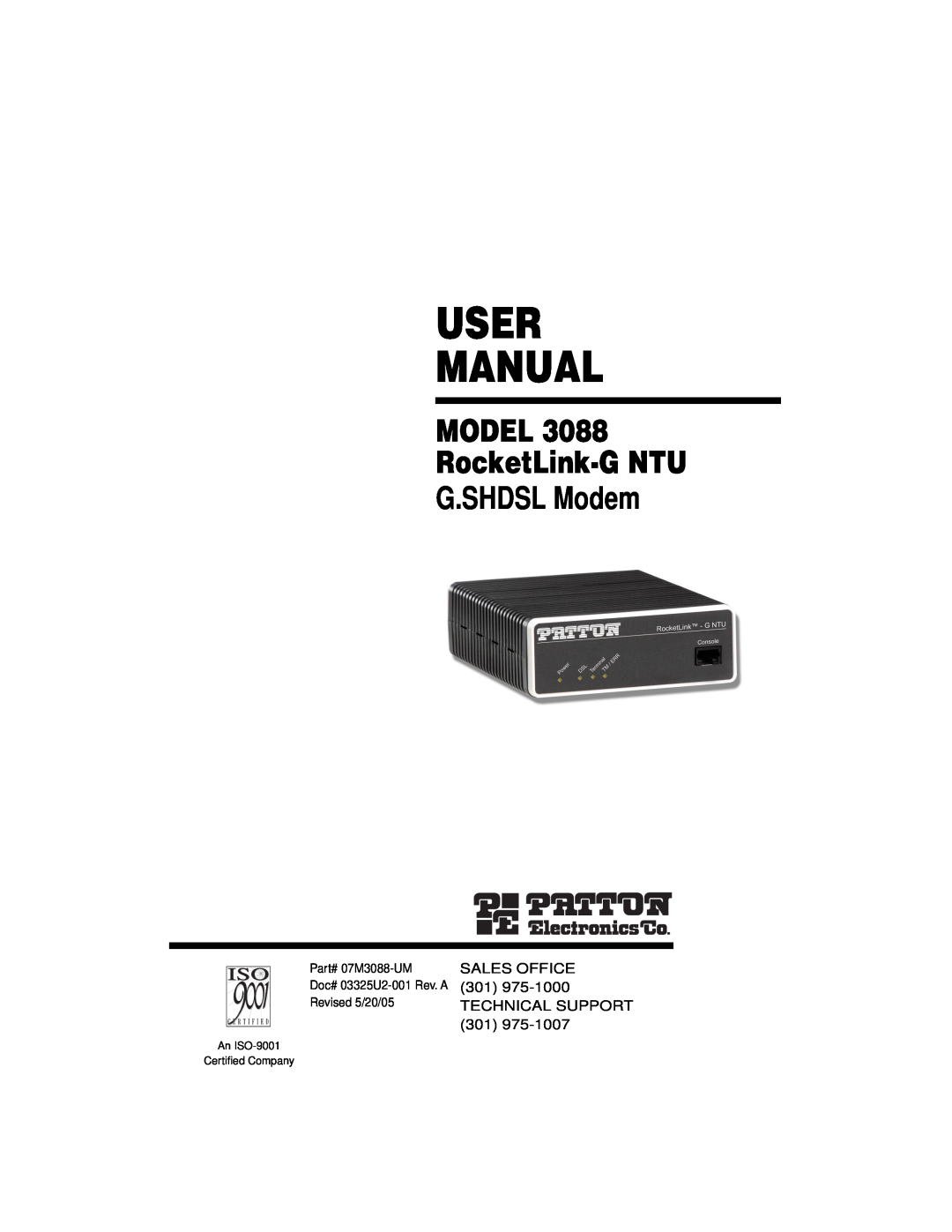 Patton electronic user manual User Manual, G.SHDSL Modem, MODEL 3088 RocketLink-G NTU, An ISO-9001 Certiﬁed Company 
