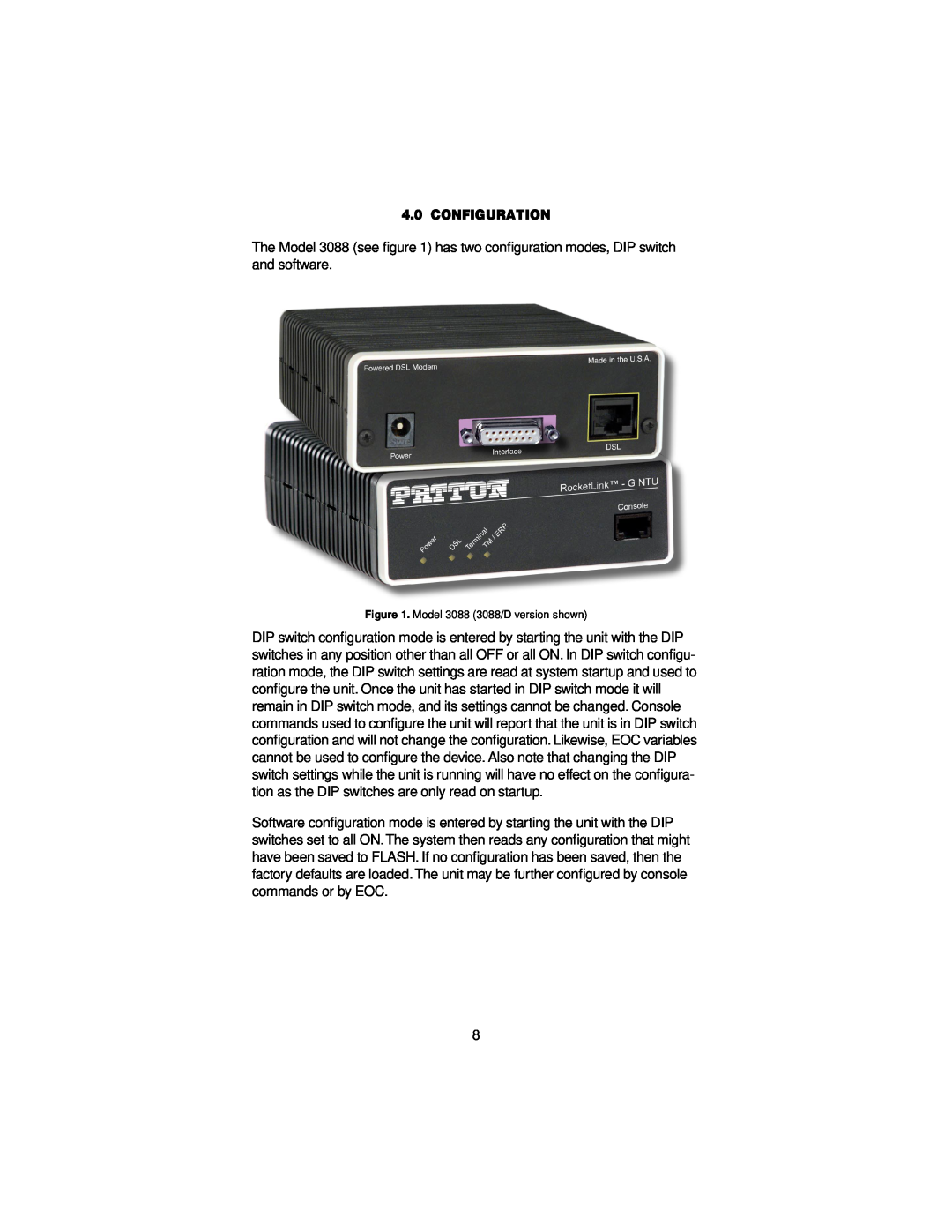 Patton electronic user manual Configuration, Model 3088 3088/D version shown 