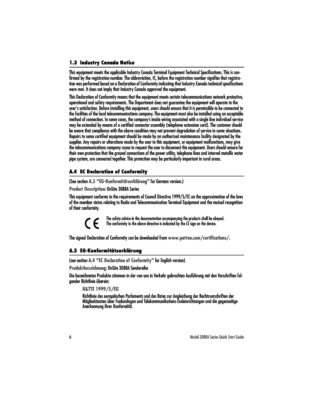 Patton electronic Industry Canada Notice, A.4 EC Declaration of Conformity, Product Description OnSite 3088A Series 