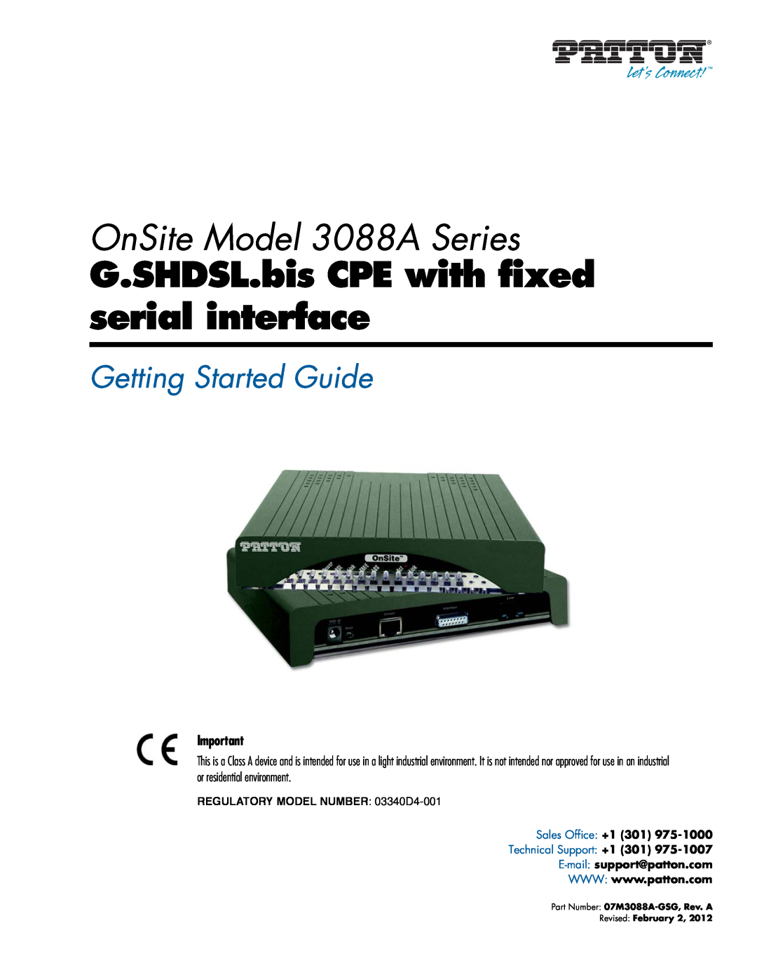 Patton electronic manual OnSite Model 3088A Series, G.SHDSL.bis CPE with fixed serial interface, Getting Started Guide 
