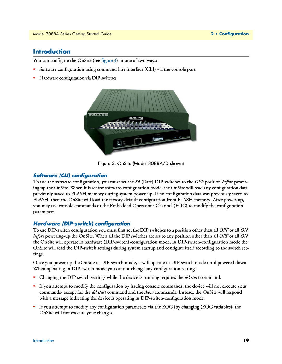 Patton electronic 3088A manual Introduction, Software CLI configuration, Hardware DIP-switch configuration 