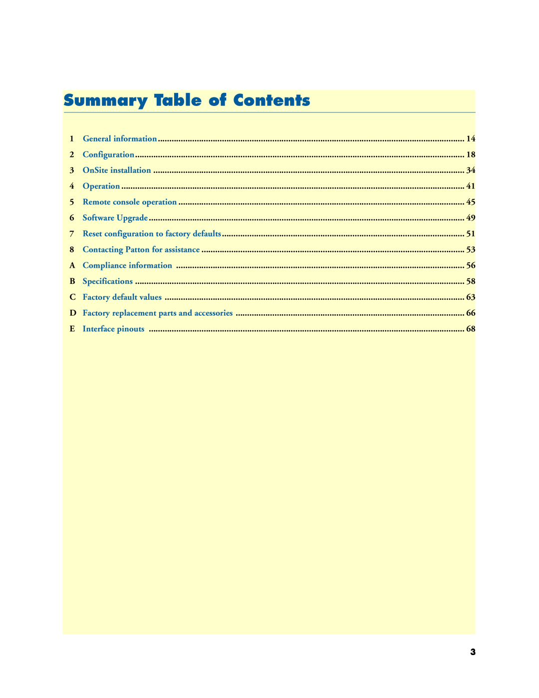 Patton electronic 3088A manual Summary Table of Contents 