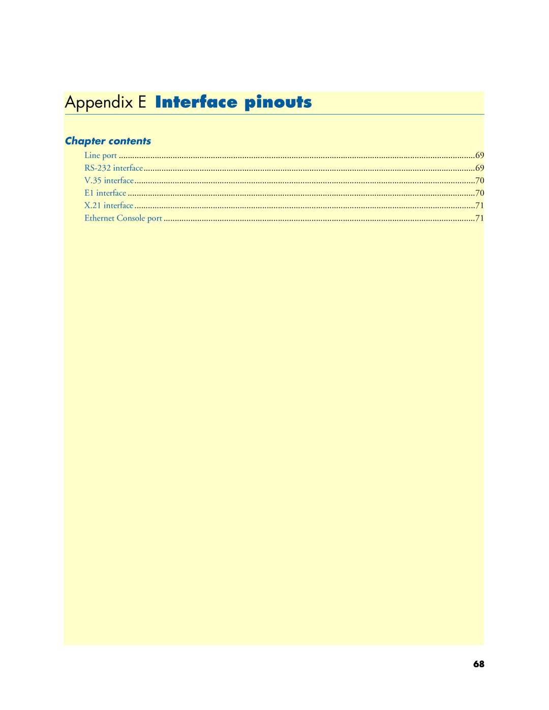 Patton electronic 3088A manual Appendix E Interface pinouts, Chapter contents, Line port, RS-232 interface, V.35 interface 
