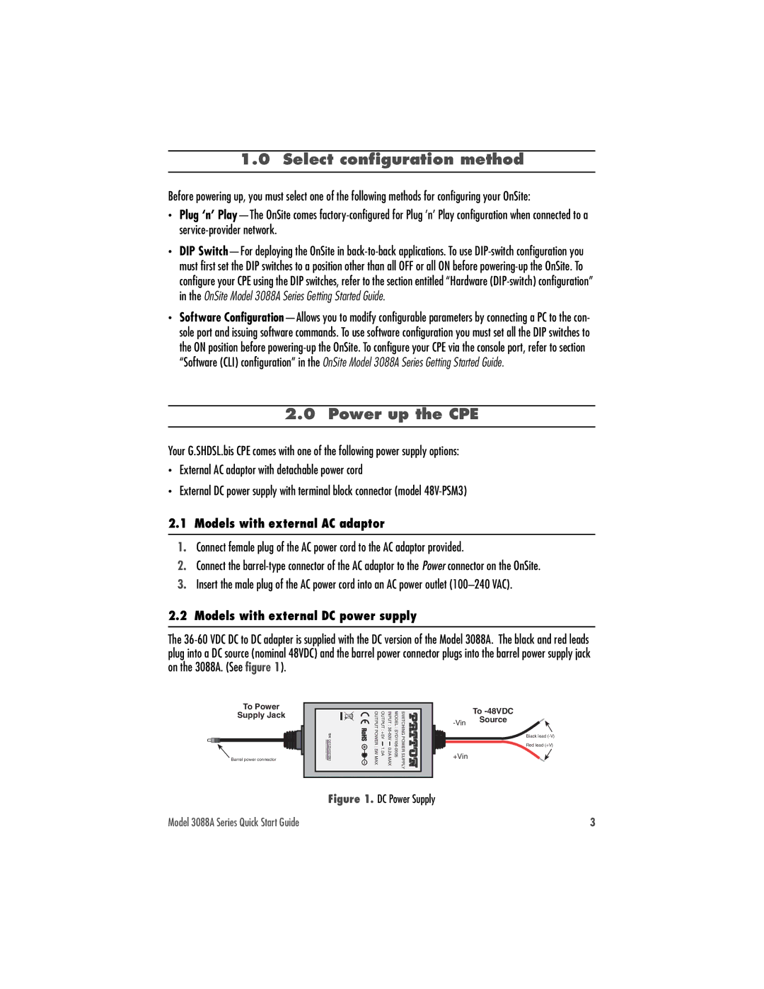 Patton electronic 3088A quick start Select configuration method, Power up the CPE, Models with external AC adaptor 