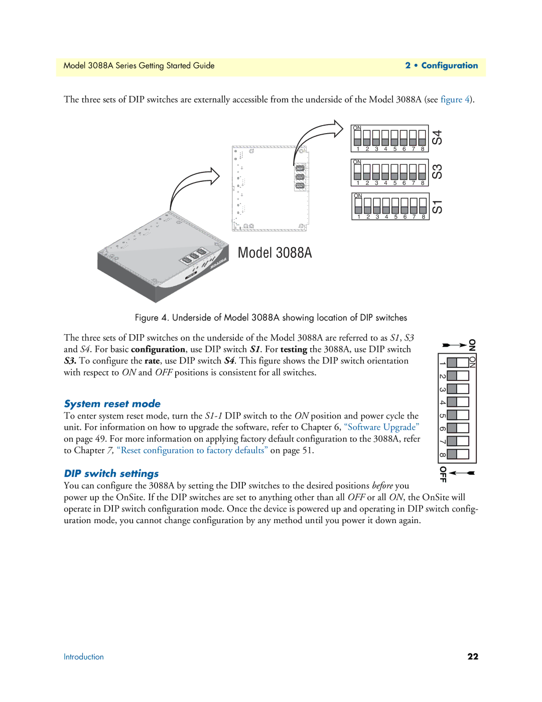 Patton electronic 3088A manual System reset mode, DIP switch settings 