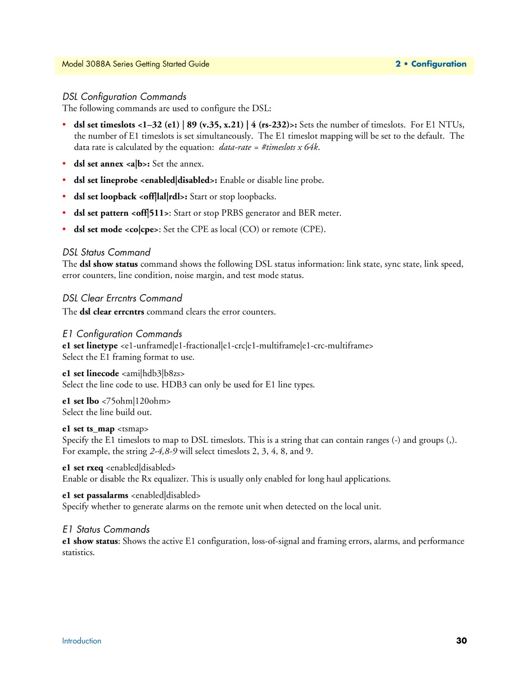 Patton electronic 3088A DSL Configuration Commands, DSL Status Command, DSL Clear Errcntrs Command, E1 Status Commands 