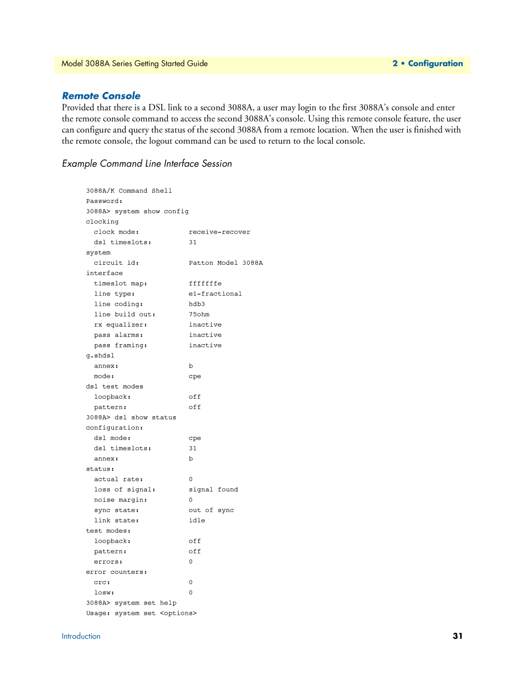 Patton electronic 3088A manual Remote Console, Example Command Line Interface Session 