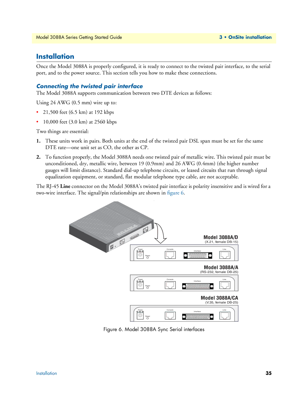 Patton electronic 3088A manual Installation, Connecting the twisted pair interface 