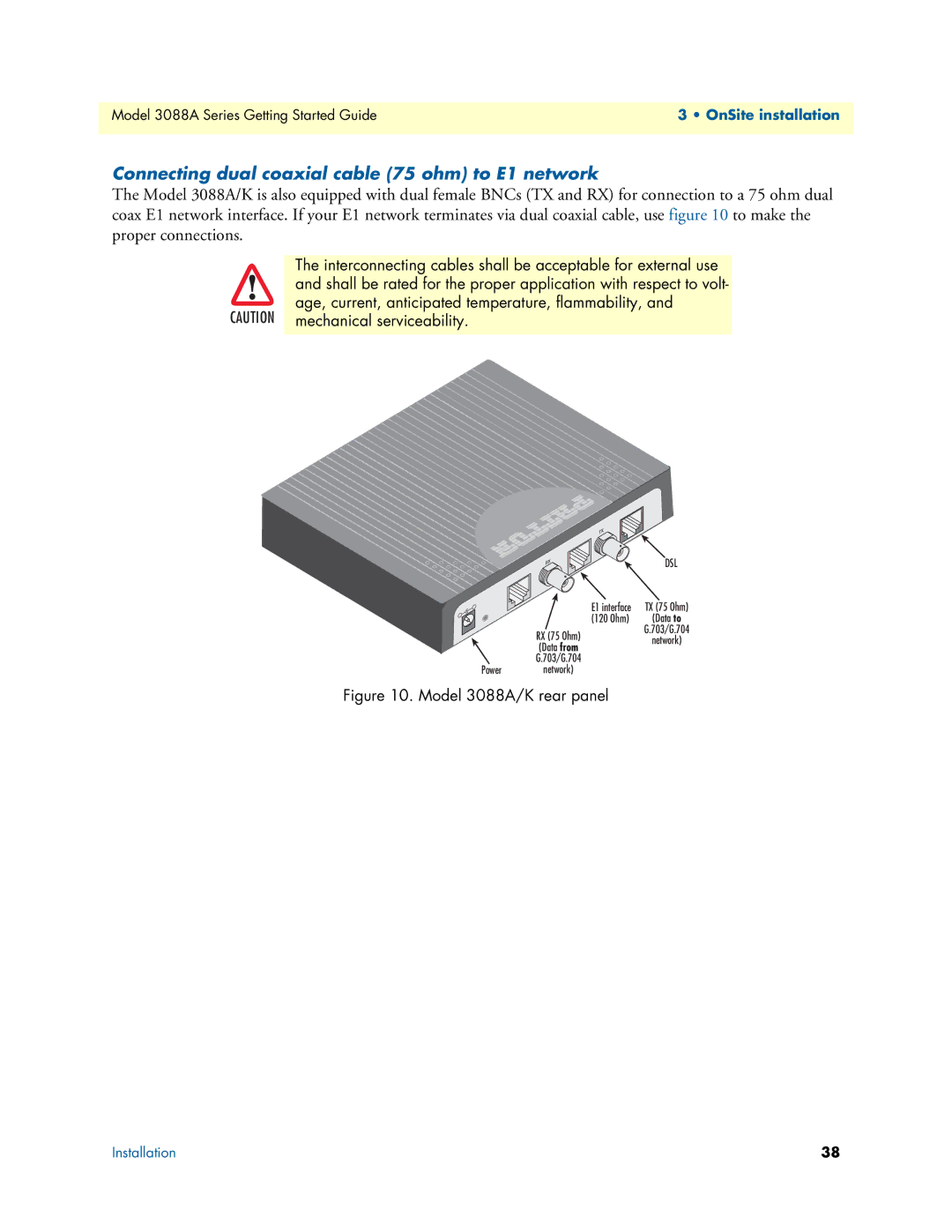 Patton electronic 3088A manual Connecting dual coaxial cable 75 ohm to E1 network, Dsl 