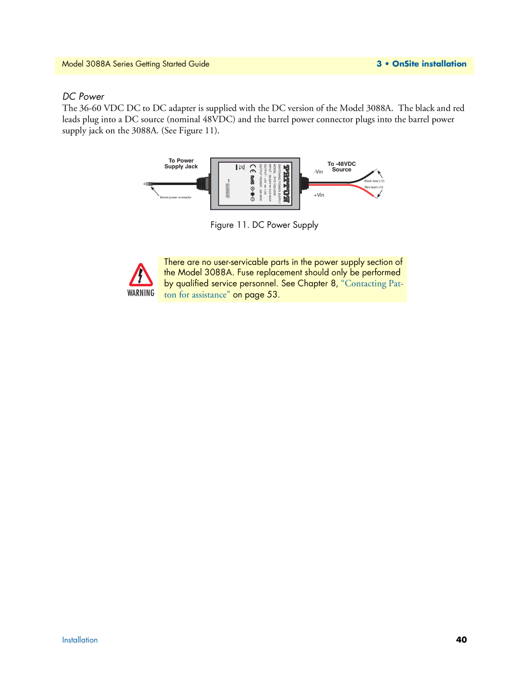 Patton electronic 3088A manual DC Power, To Power Supply Jack 