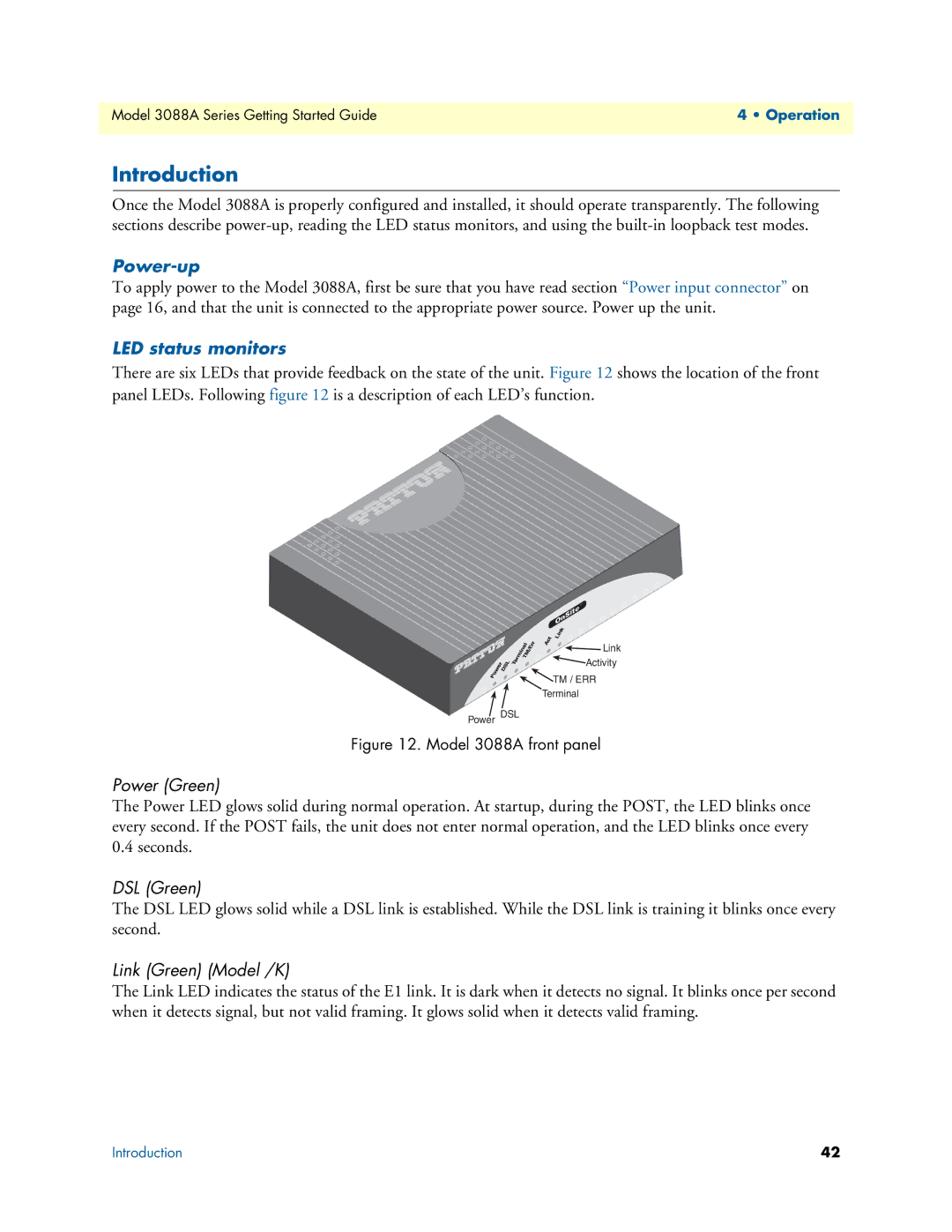 Patton electronic 3088A manual Power-up, LED status monitors, Power Green, DSL Green, Link Green Model /K 