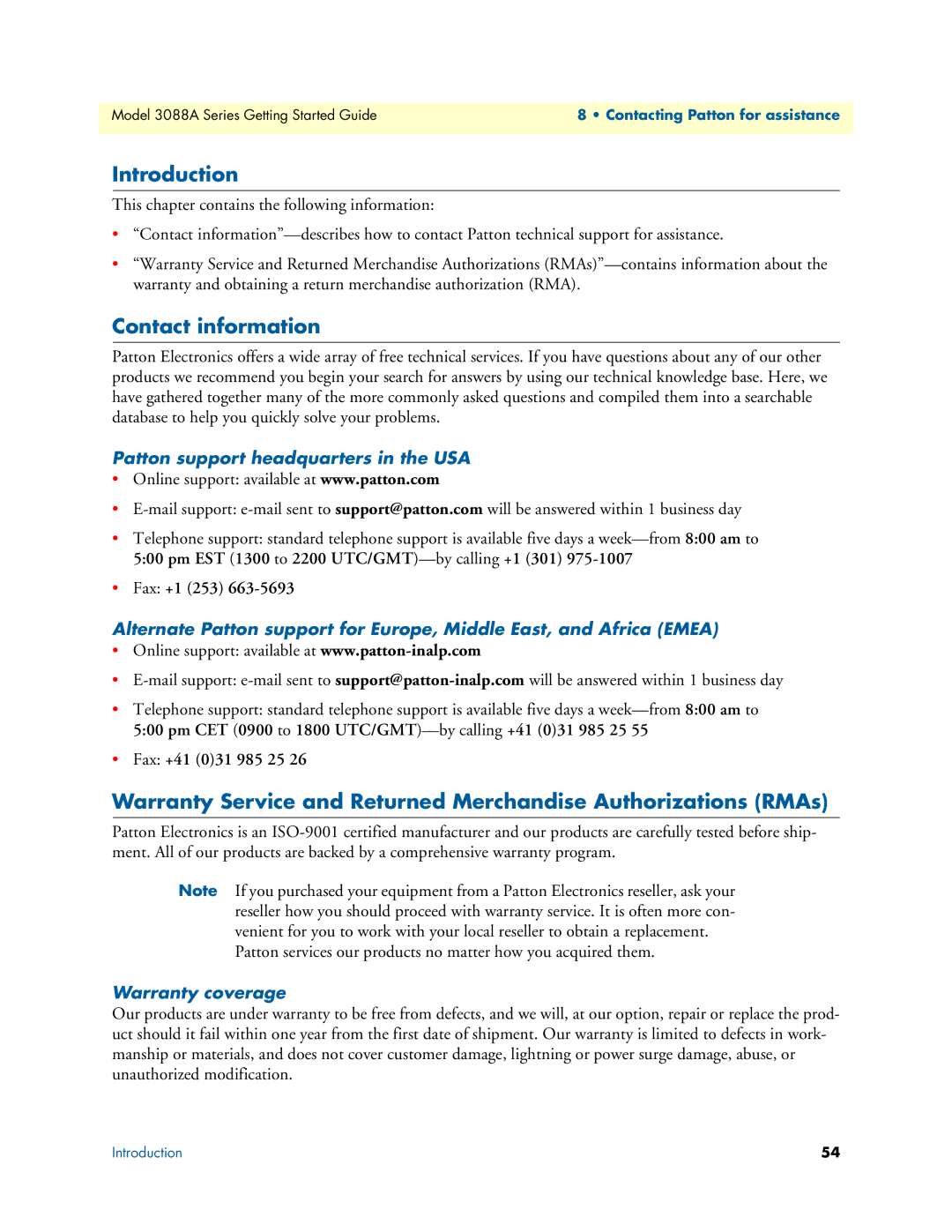 Patton electronic 3088A manual Contact information, Patton support headquarters in the USA, Warranty coverage 