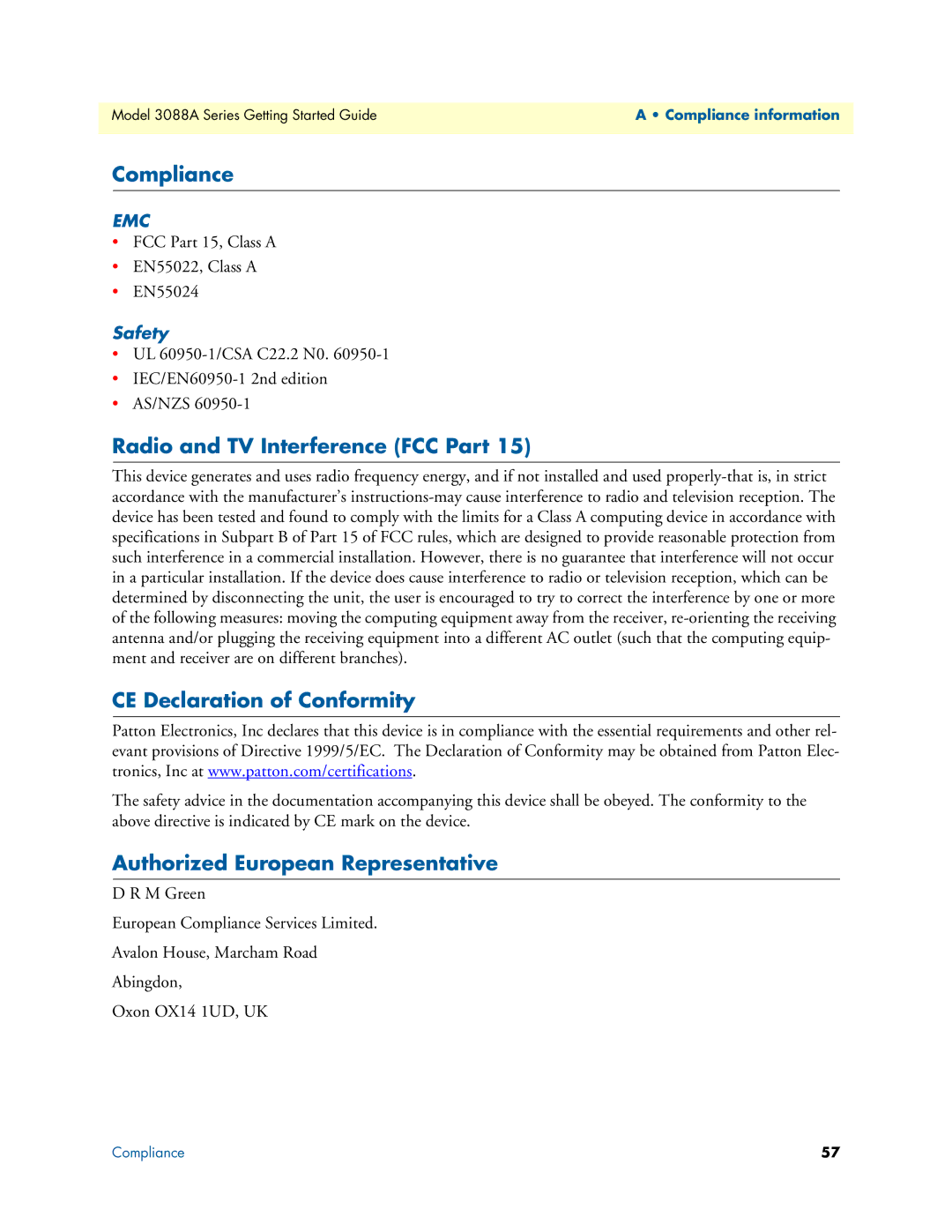 Patton electronic 3088A manual Compliance, Radio and TV Interference FCC Part, CE Declaration of Conformity, Safety 