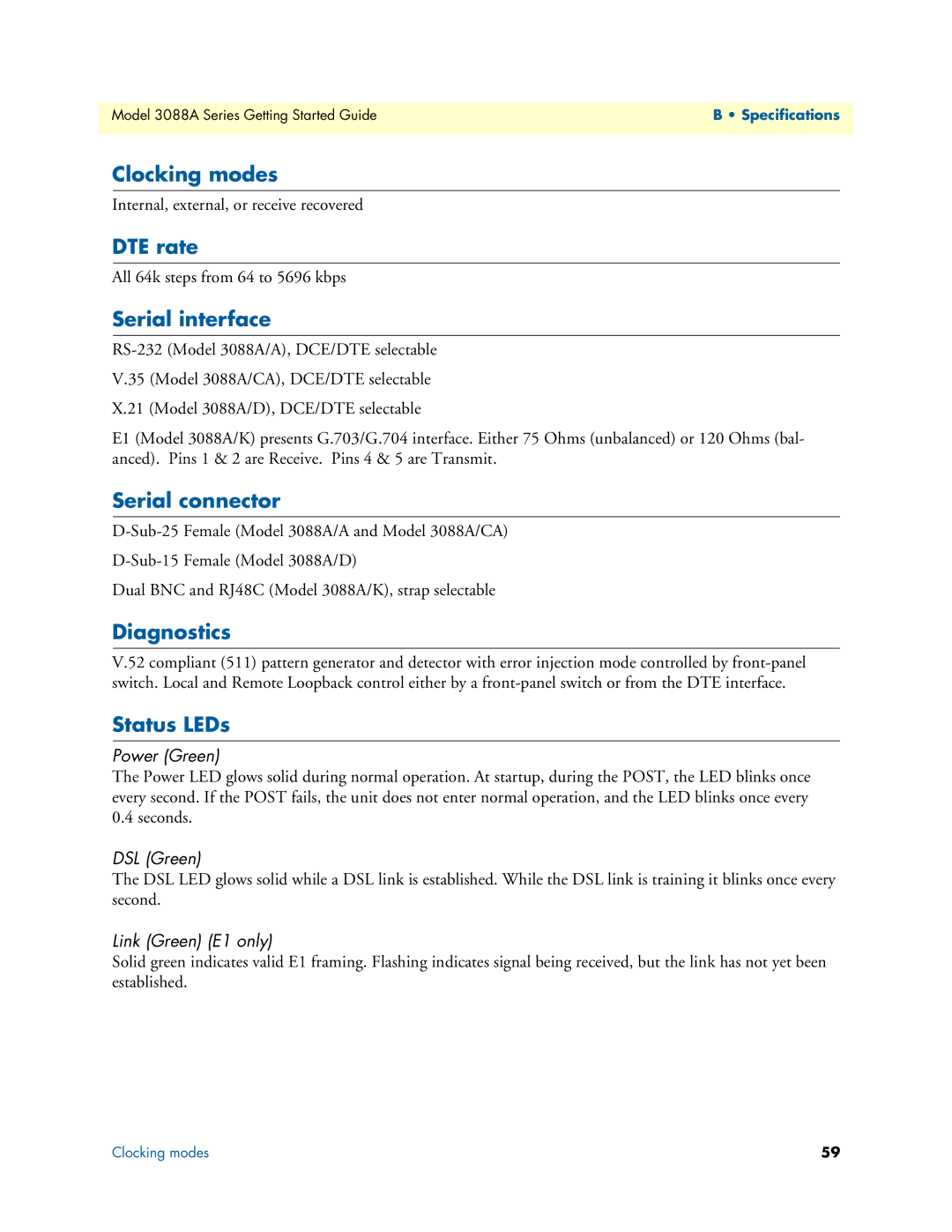 Patton electronic 3088A manual Clocking modes, DTE rate, Serial interface, Serial connector, Diagnostics, Status LEDs 