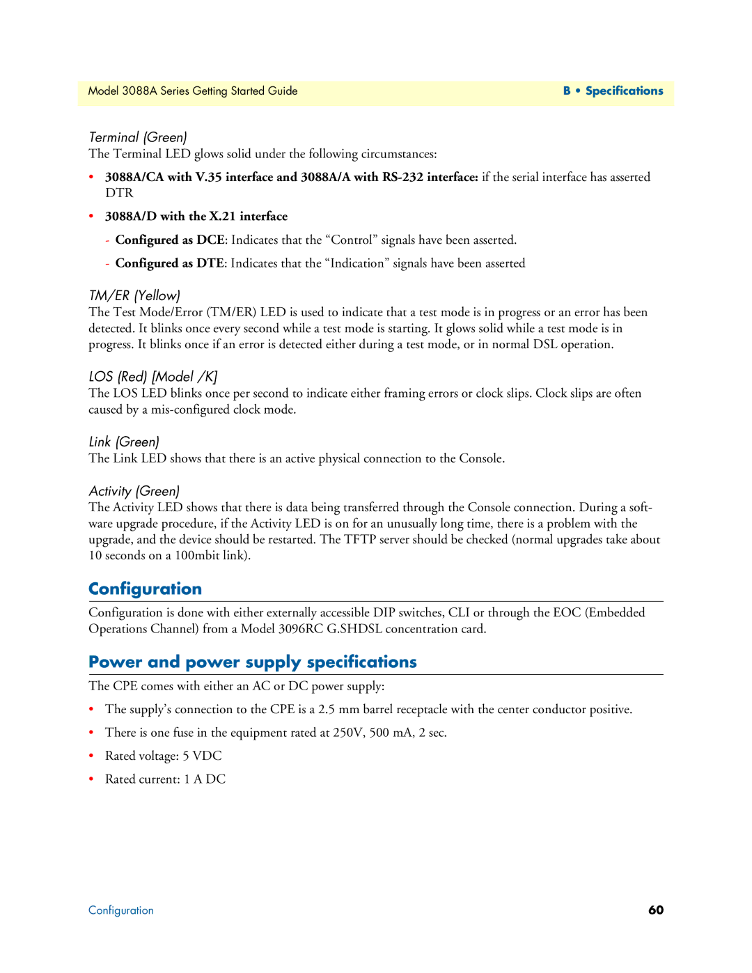 Patton electronic 3088A manual Configuration, Power and power supply specifications 