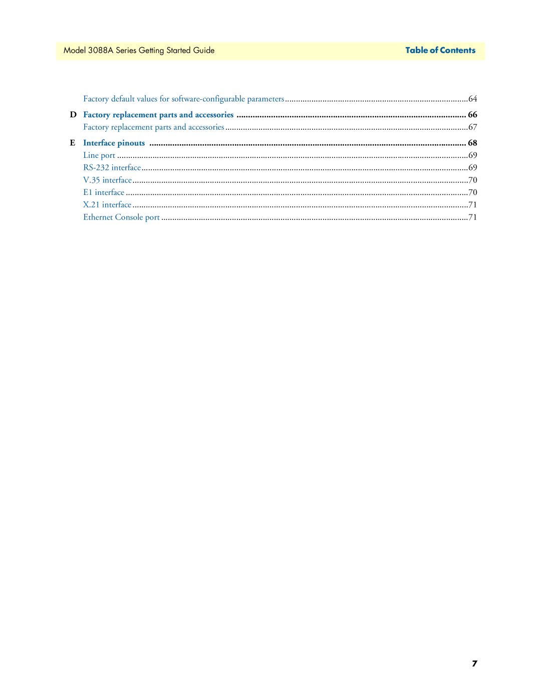 Patton electronic 3088A manual Factory default values for software-configurable parameters 