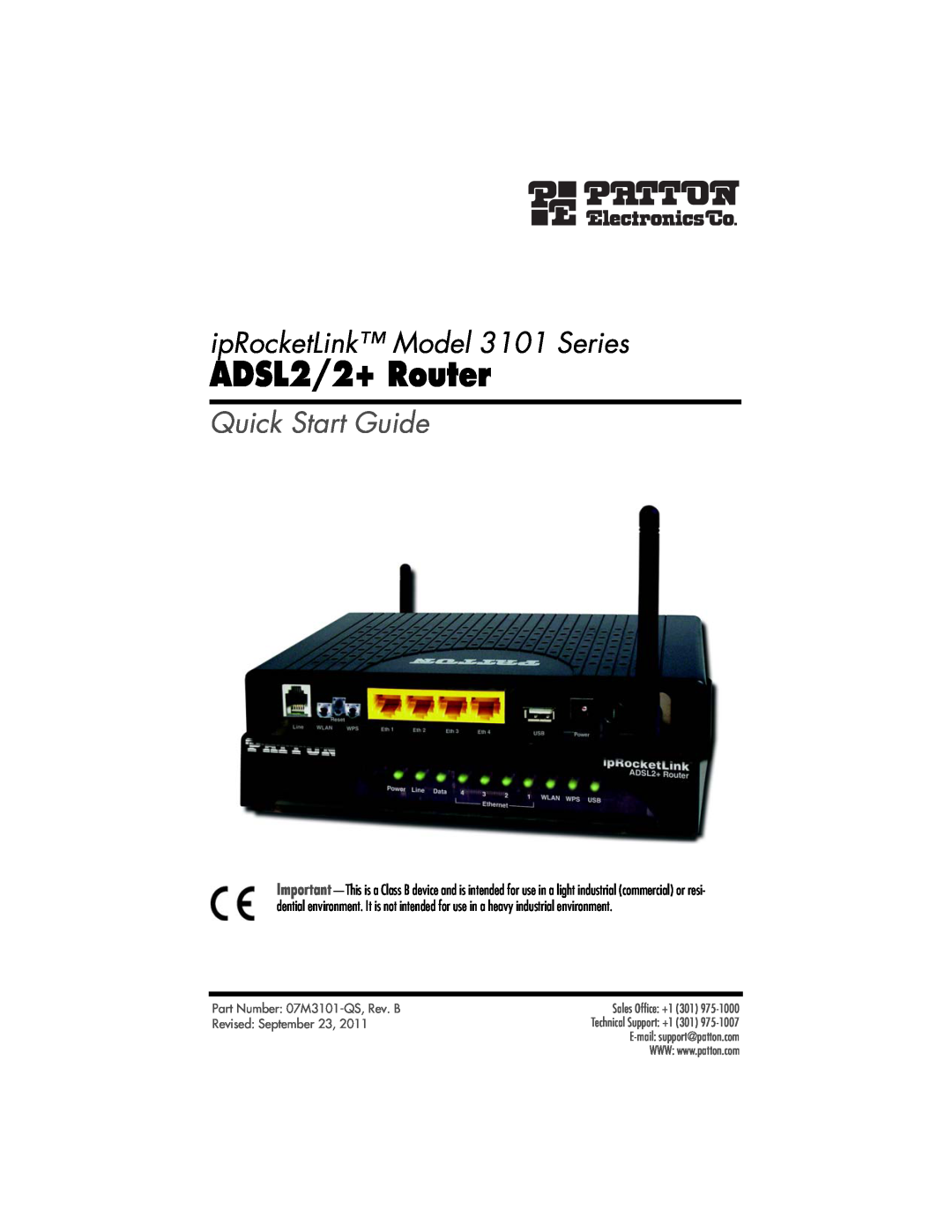 Patton electronic quick start ADSL2/2+ Router, ipRocketLink Model 3101 Series, Quick Start Guide, Revised September 