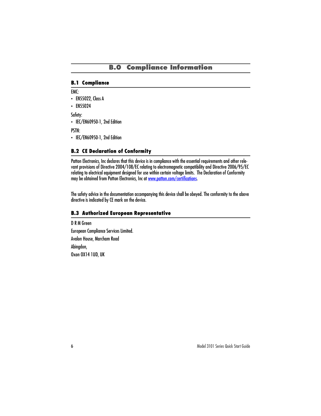 Patton electronic 3101 quick start Compliance Information, EN55022, Class a EN55024 Safety IEC/EN60950-1, 2nd Edition 