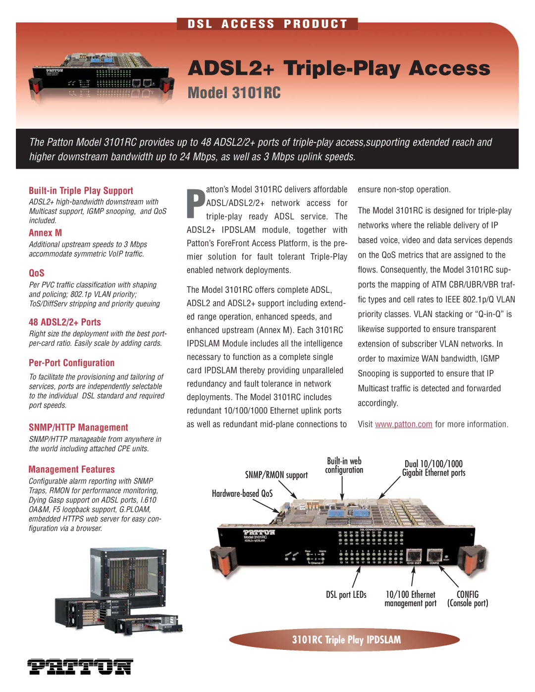 Patton electronic 3101RC manual Built-in Triple Play Support, Annex M, QoS, ADSL2/2+ Ports, Per-Port Configuration 