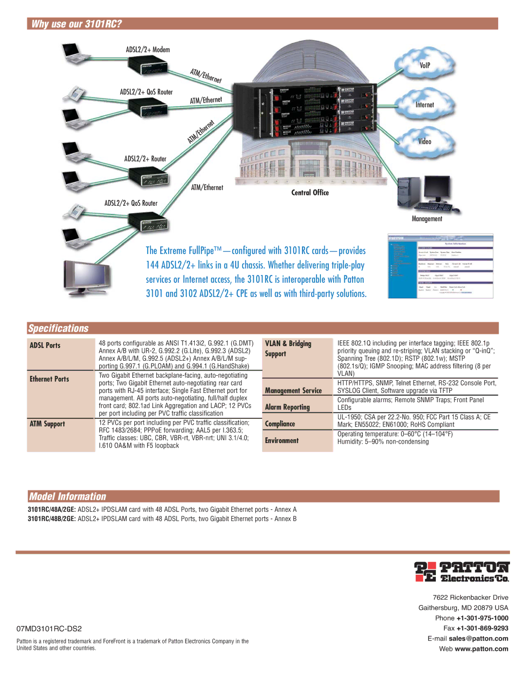 Patton electronic manual Why use our 3101RC?, Specifications, Model Information 