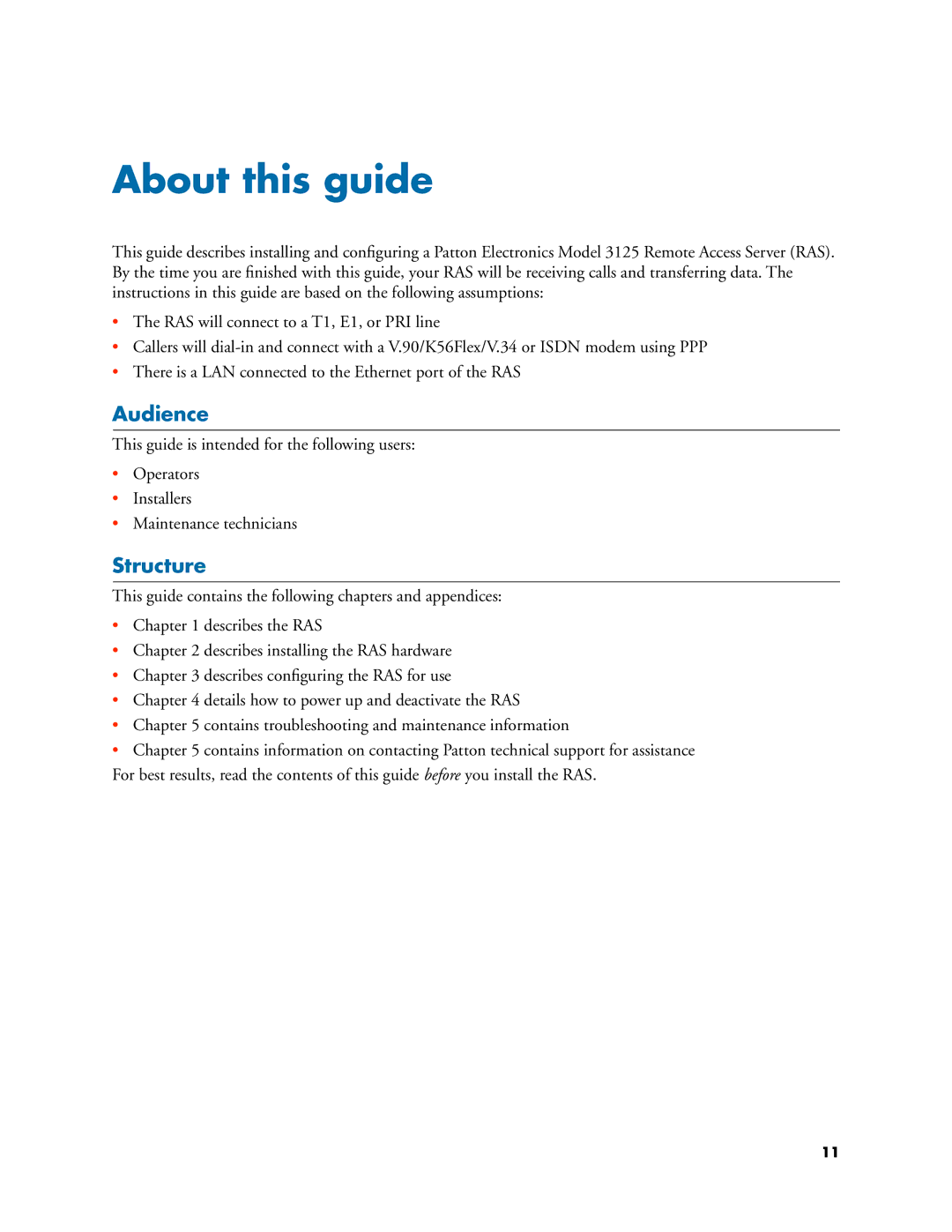 Patton electronic 3125 manual Audience, Structure 